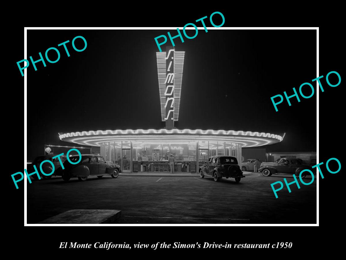 OLD LARGE HISTORIC PHOTO EL MONTE CALIFORNIA, SIMONS DRIVE IN RESTAURANT c1950