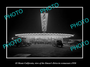 OLD LARGE HISTORIC PHOTO EL MONTE CALIFORNIA, SIMONS DRIVE IN RESTAURANT c1950