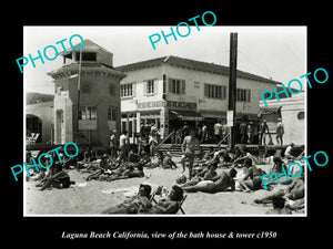 OLD LARGE HISTORIC PHOTO LAGUNA BEACH CALIFORNIA, THE BATH HOUSE & TOWER c1950