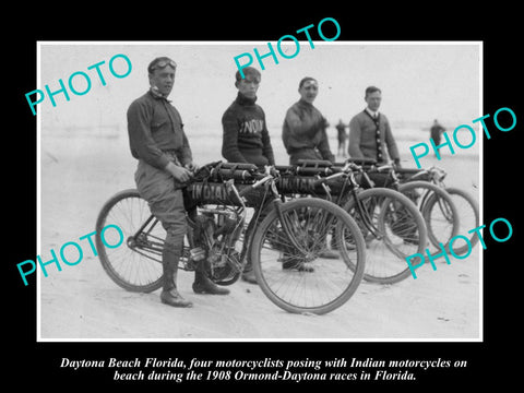 OLD LARGE HISTORIC PHOTO OF DAYTONA BEACH INDIAN MOTORCYCLE TEAM c1908 FLORIDA