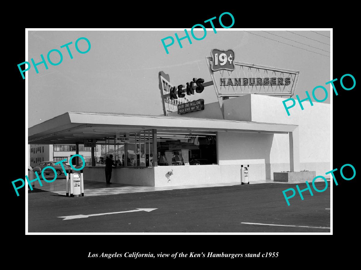 OLD LARGE HISTORIC PHOTO LOS ANGELES CALIFORNIA, THE KENS HAMBURGER STAND c1955