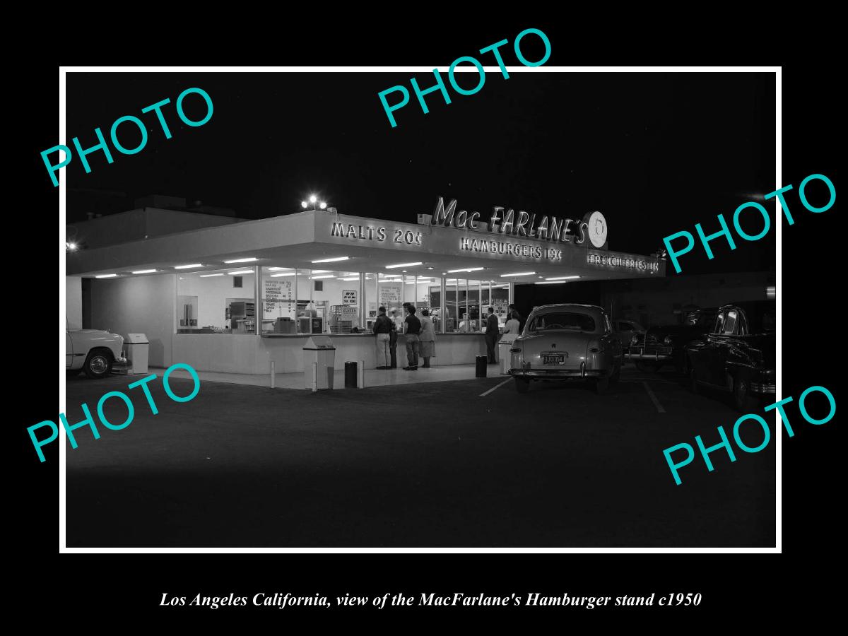 OLD LARGE HISTORIC PHOTO LOS ANGELES CALIFORNIA, MACFARLANE HAMBURGER STAND 1950