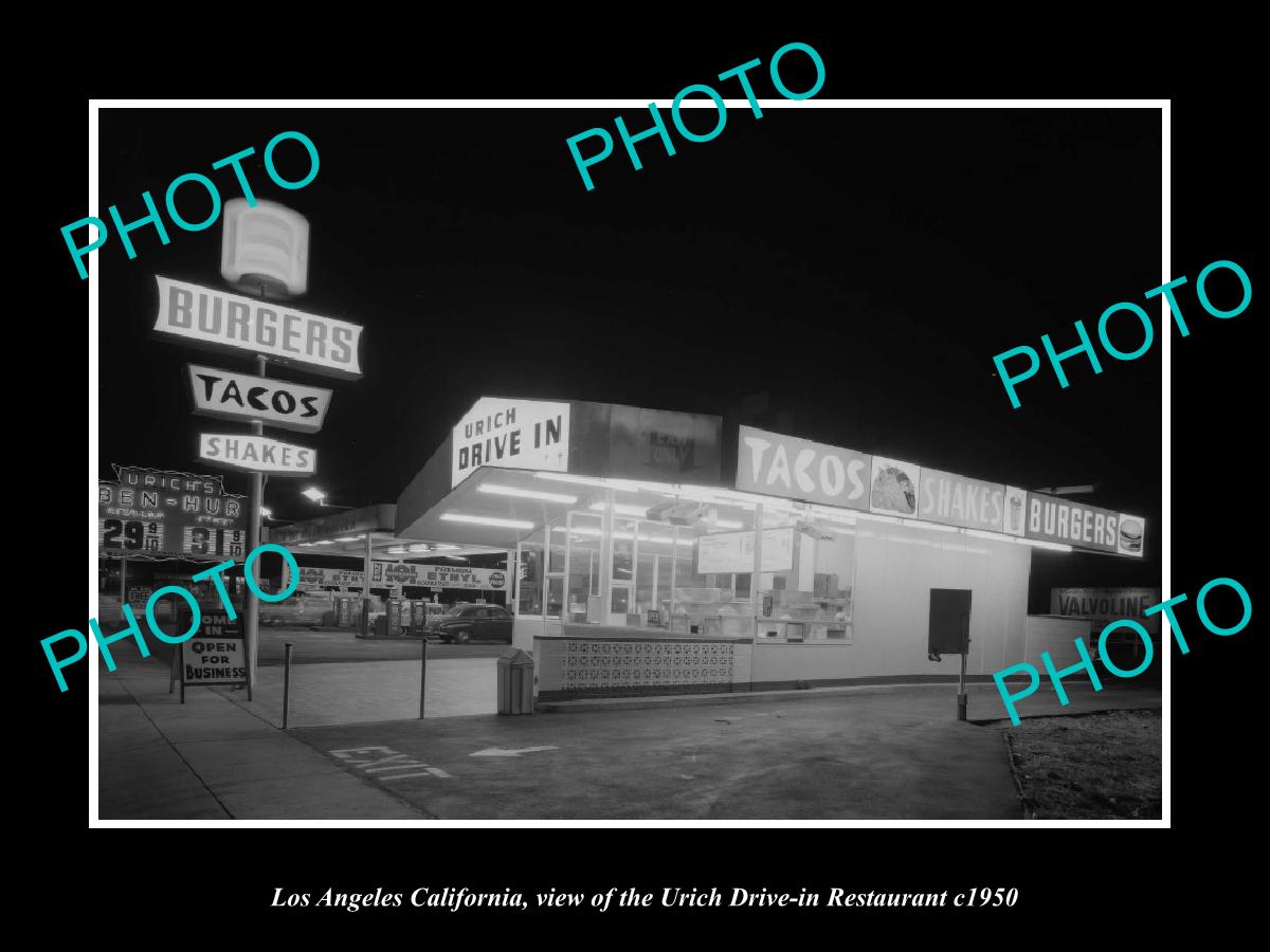 OLD LARGE HISTORIC PHOTO LOS ANGELES CALIFORNIA, URICH DRIVE IN RESTAURANT c1950