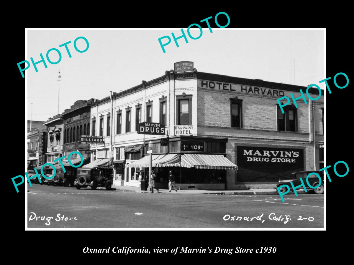 OLD LARGE HISTORIC PHOTO OXNARD CALIFORNIA, THE MARVIN DRUG STORE c1930