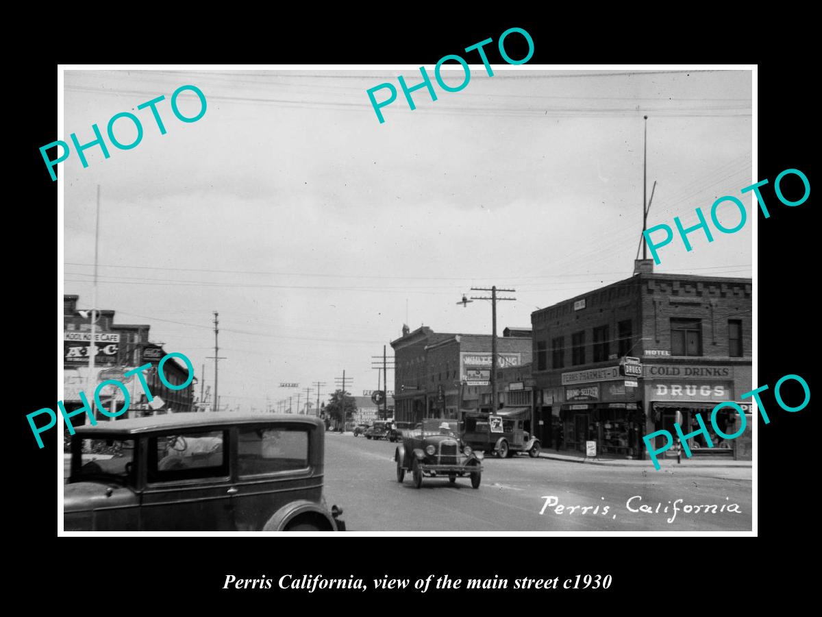 OLD LARGE HISTORIC PHOTO PERRIS CALIFORNIA, VIEW OF THE MAIN ST & STORES c1930