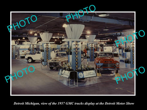 OLD LARGE HISTORIC PHOTO OF DETROIT MICHIGAN, AUTO SHOW 1957 GMC TRUCK DISPLAY