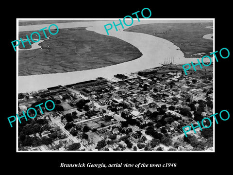 OLD LARGE HISTORIC PHOTO BRUNSWICK GEORGIA, AERIAL VIEW OF THE TOWN c1940
