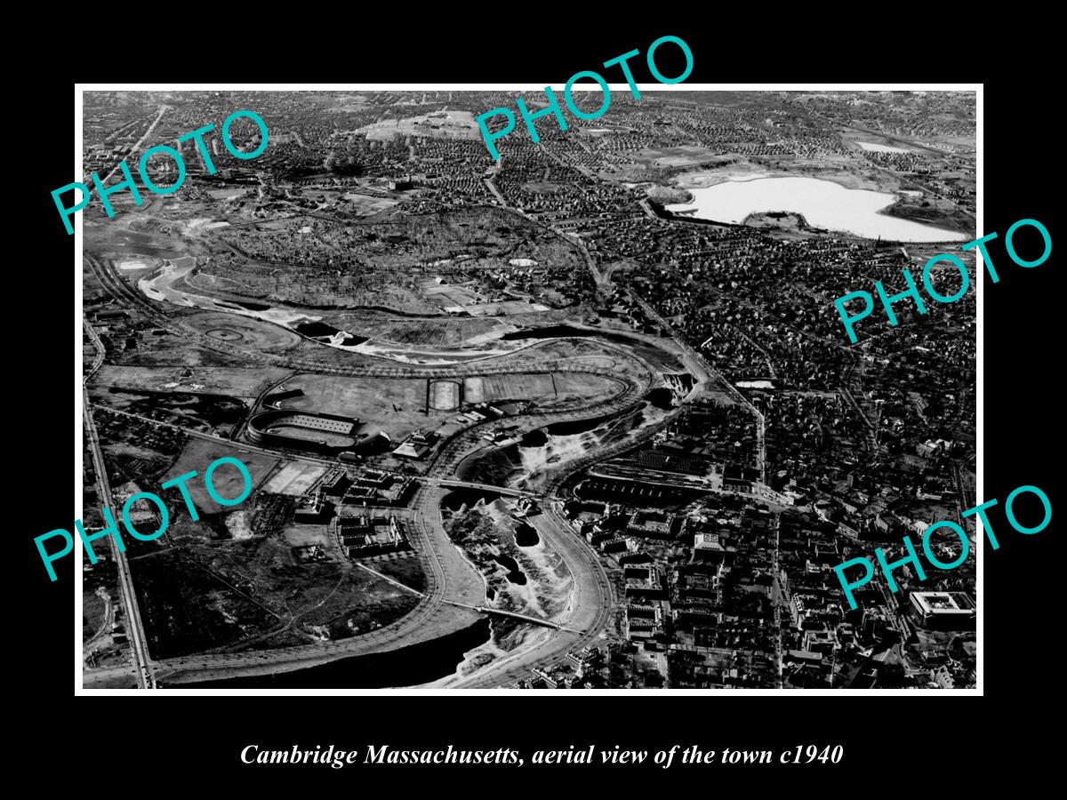 OLD LARGE HISTORIC PHOTO CAMBRIDGE MASSACHUSETTS, AERIAL VIEW OF TOWN c1940 1