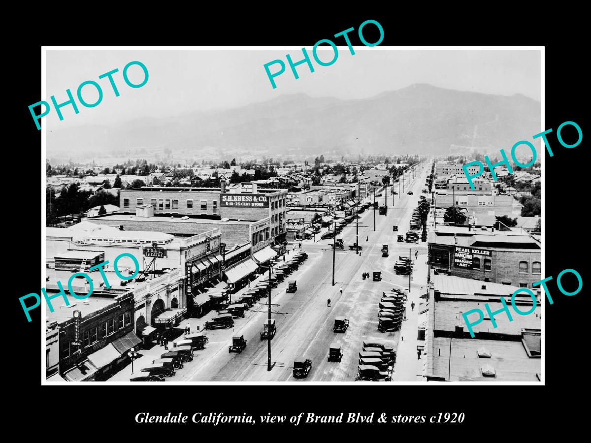 OLD LARGE HISTORIC PHOTO GLENDALE CALIFORNIA, VIEW OF BRAND Blvd & STORES c1920