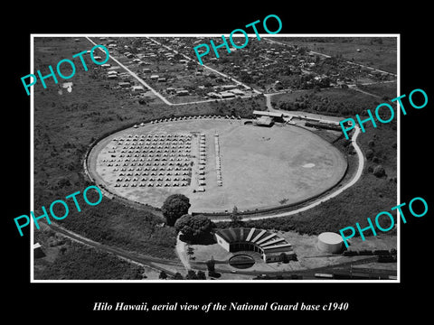 OLD LARGE HISTORIC PHOTO HILO HAWAII, AERIAL VIEW OF NATIONAL GUARD BASE c1940