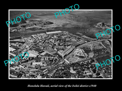 OLD LARGE HISTORIC PHOTO HONOLULU HAWAII, AERIAL VIEW OF IWILEI DISTRICT c1940