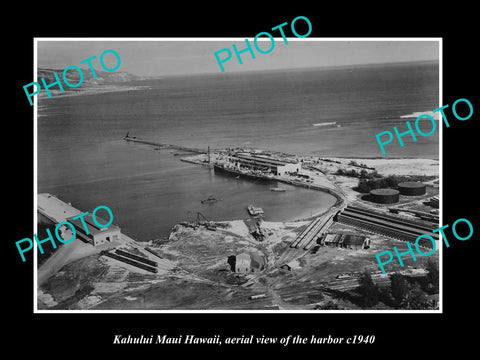 OLD LARGE HISTORIC PHOTO KAHULUI MAUI HAWAII, AERIAL VIEW OF THE HARBOR c1940