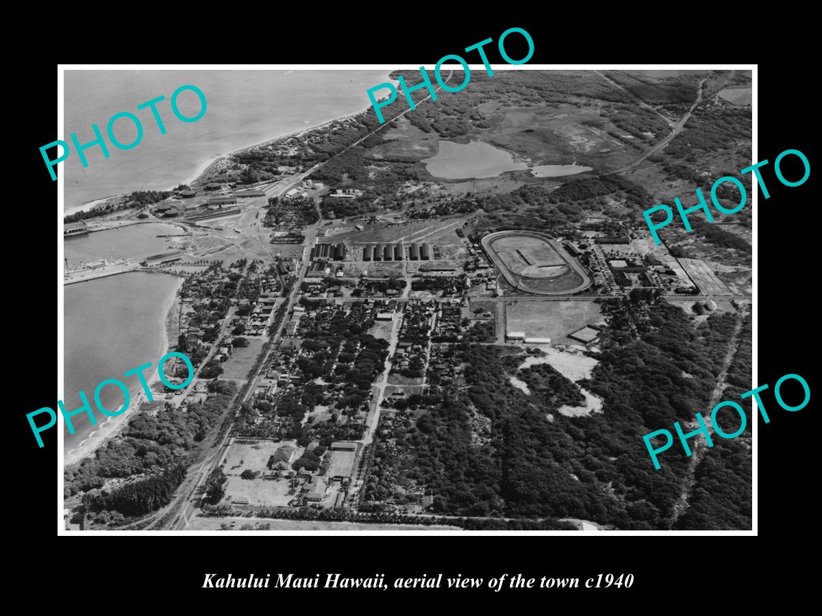 OLD LARGE HISTORIC PHOTO KAHULUI MAUI HAWAII, AERIAL VIEW OF THE TOWN c1940