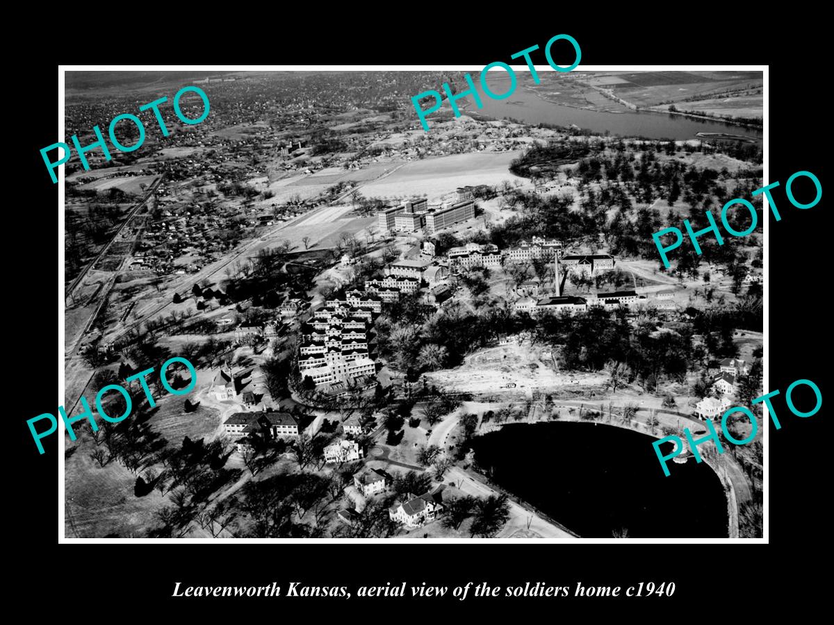 OLD LARGE HISTORIC PHOTO LEAVENWORTH KANSAS, AERIAL VIEW OF SOLDIERS HOME c1940