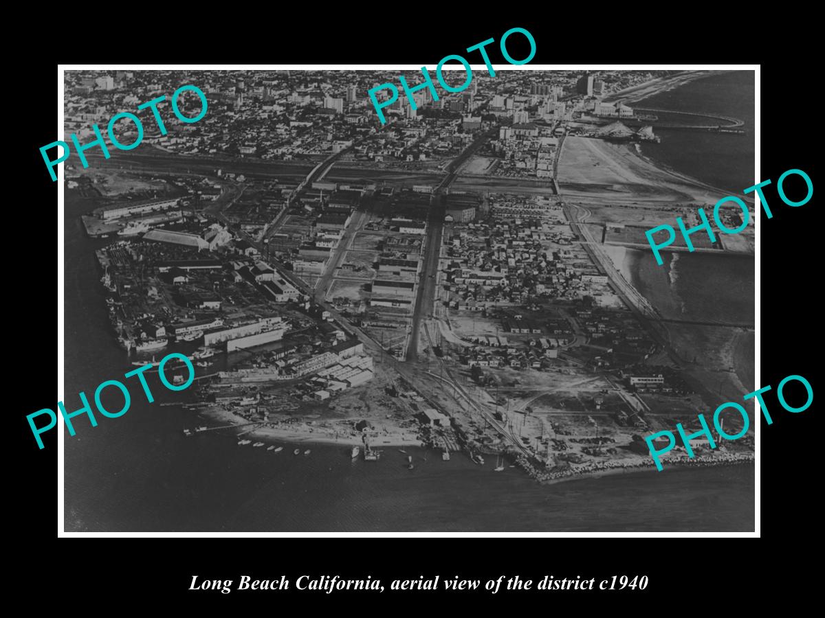 OLD LARGE HISTORIC PHOTO LONG BEACH CALIFORNIA, AERIAL VIEW OF DISTRICT c1940
