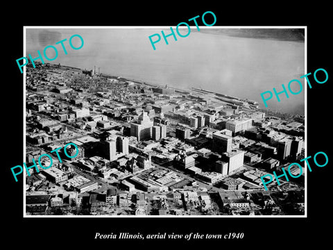 OLD LARGE HISTORIC PHOTO PEORIA ILLINOIS, AERIAL VIEW OF THE TOWN c1940