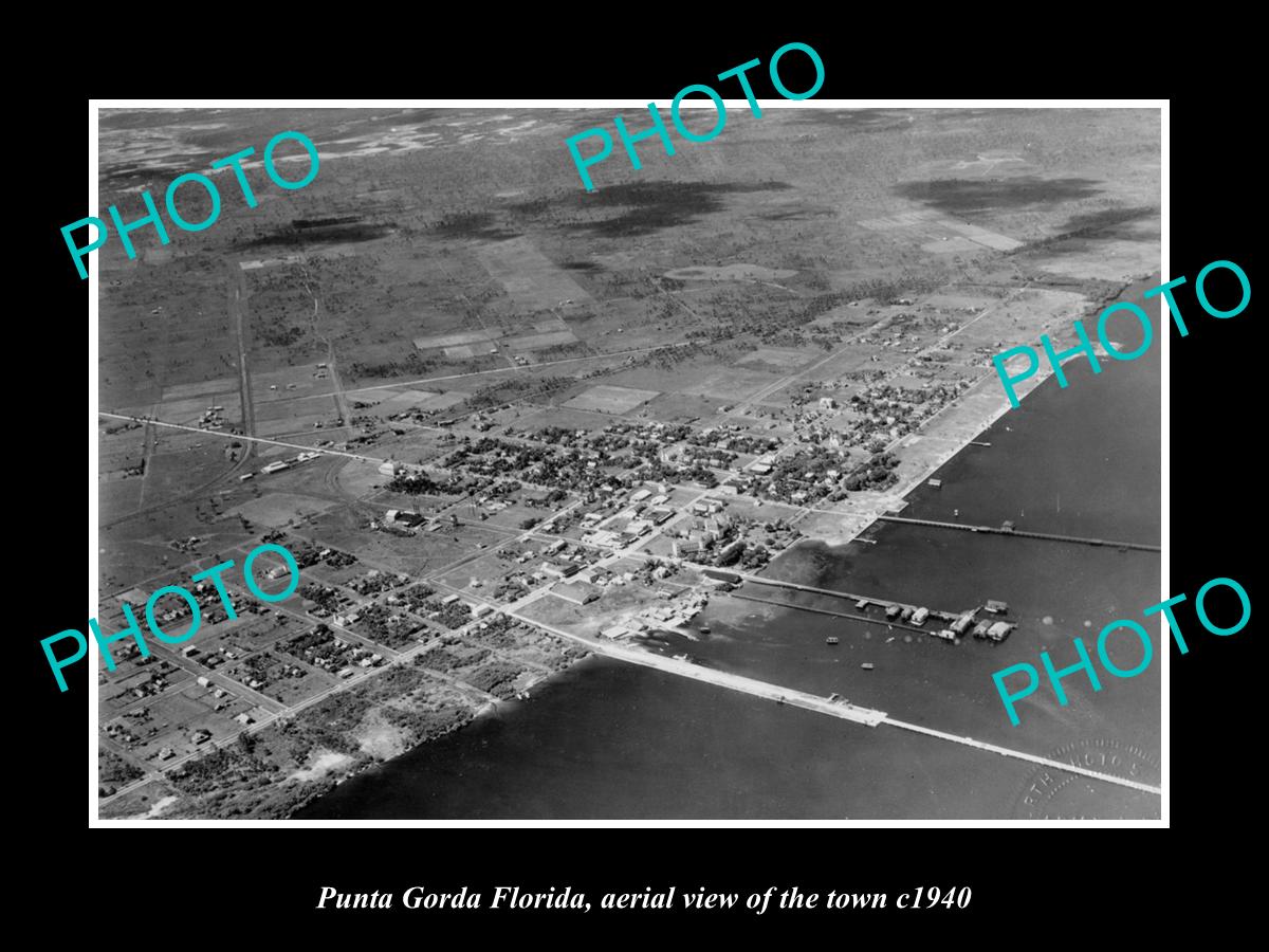 OLD LARGE HISTORIC PHOTO PUNTA GORDA FLORIDA, AERIAL VIEW OF THE TOWN c1940