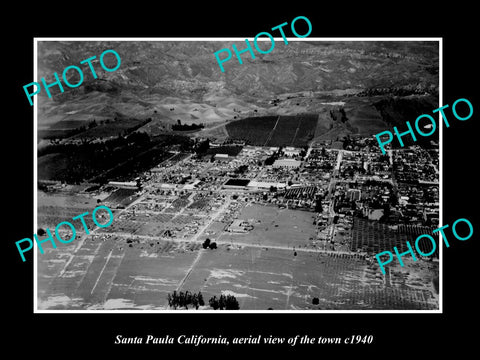 OLD LARGE HISTORIC PHOTO SANTA PAULA CALIFORNIA, AERIAL VIEW OF THE TOWN c1940