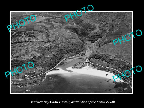 OLD LARGE HISTORIC PHOTO WAIMEA BAY OAHU HAWAII, AERIAL VIEW OF THE BEACH c1940