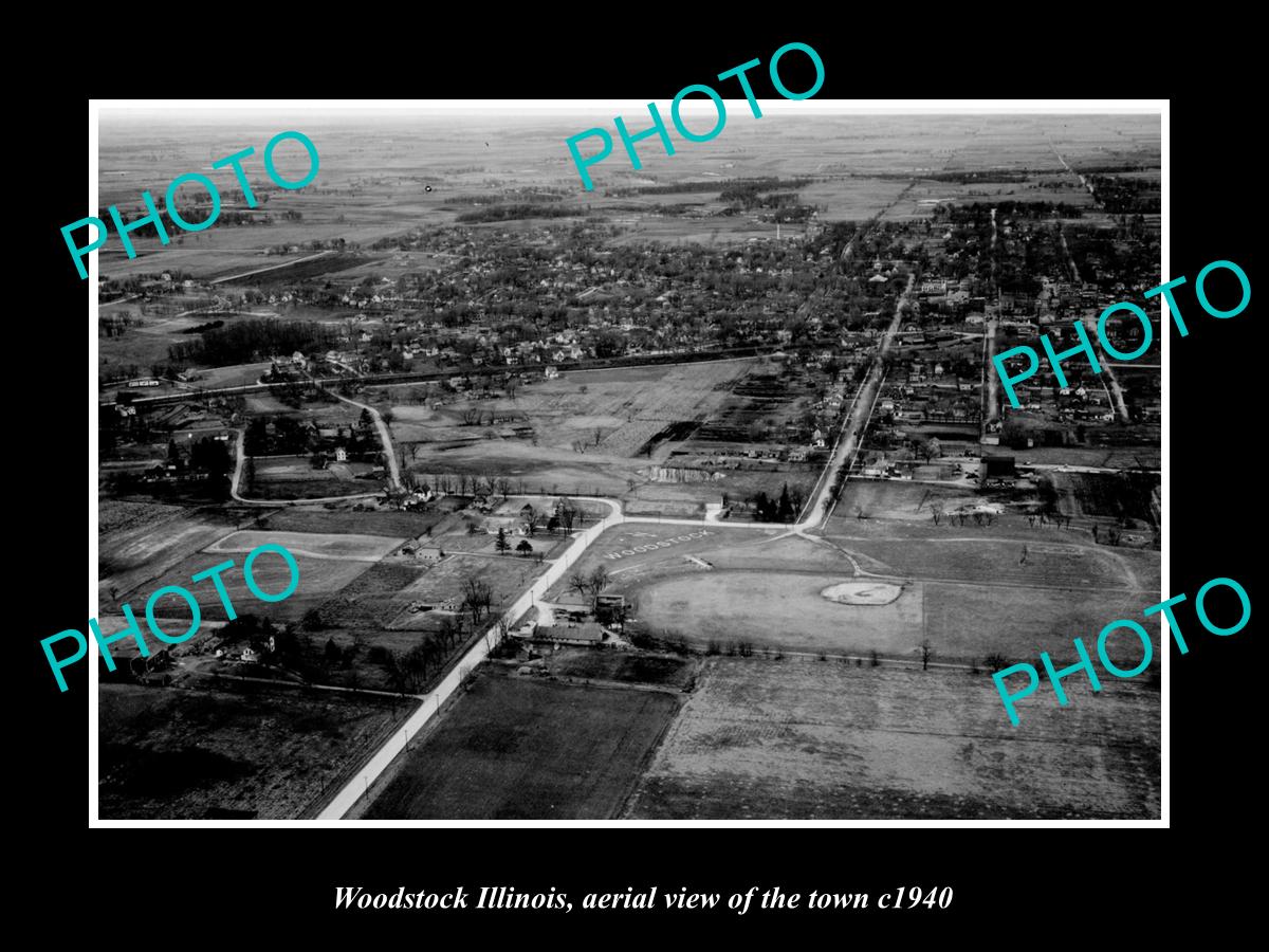 OLD LARGE HISTORIC PHOTO WOODSTOCK ILLINOIS, AERIAL VIEW OF THE TOWN c1940