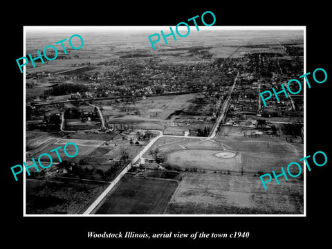 OLD LARGE HISTORIC PHOTO WOODSTOCK ILLINOIS, AERIAL VIEW OF THE TOWN c1940