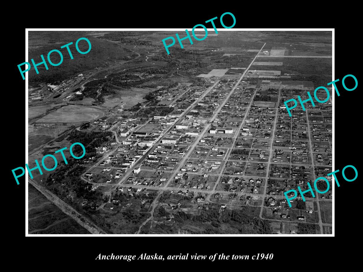 OLD LARGE HISTORIC PHOTO ANCHORAGE ALASKA, AERIAL VIEW OF THE TOWN c1940