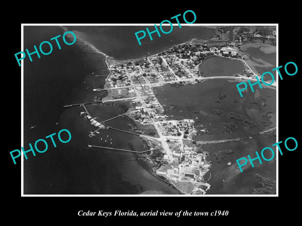 OLD LARGE HISTORIC PHOTO CEDAR KEYS FLORIDA, AERIAL VIEW OF THE TOWN c1940