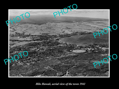 OLD LARGE HISTORIC PHOTO HILO HAWAII, AERIAL VIEW OF THE TOWN c1941