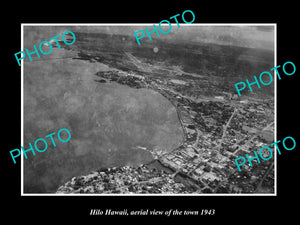 OLD LARGE HISTORIC PHOTO HILO HAWAII, AERIAL VIEW OF THE TOWN c1943