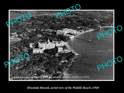 OLD LARGE HISTORIC PHOTO HONOLULU HAWAII, AERIAL VIEW OF WAIKIKI BEACH c1940