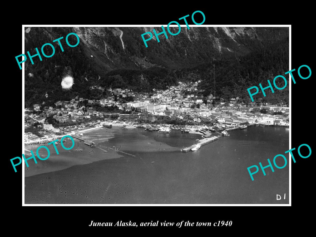 OLD LARGE HISTORIC PHOTO JUNEAU ALASKA, AERIAL VIEW OF THE TOWN c1940