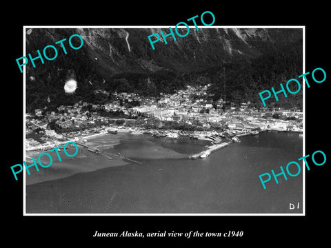 OLD LARGE HISTORIC PHOTO JUNEAU ALASKA, AERIAL VIEW OF THE TOWN c1940