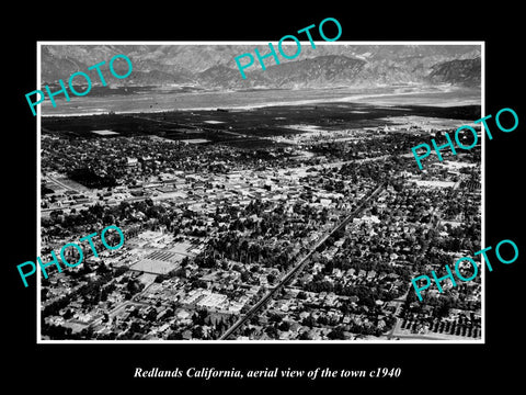 OLD LARGE HISTORIC PHOTO REDLANDS CALIFORNIA, AERIAL VIEW OF THE TOWN c1940