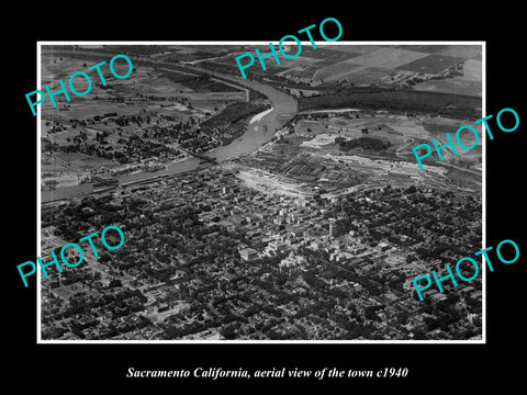 OLD LARGE HISTORIC PHOTO SACRAMENTO CALIFORNIA, AERIAL VIEW OF THE TOWN c1940