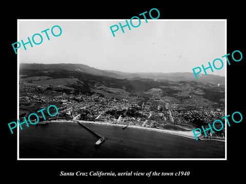 OLD LARGE HISTORIC PHOTO SANTA CRUZ CALIFORNIA, AERIAL VIEW OF THE TOWN c1940