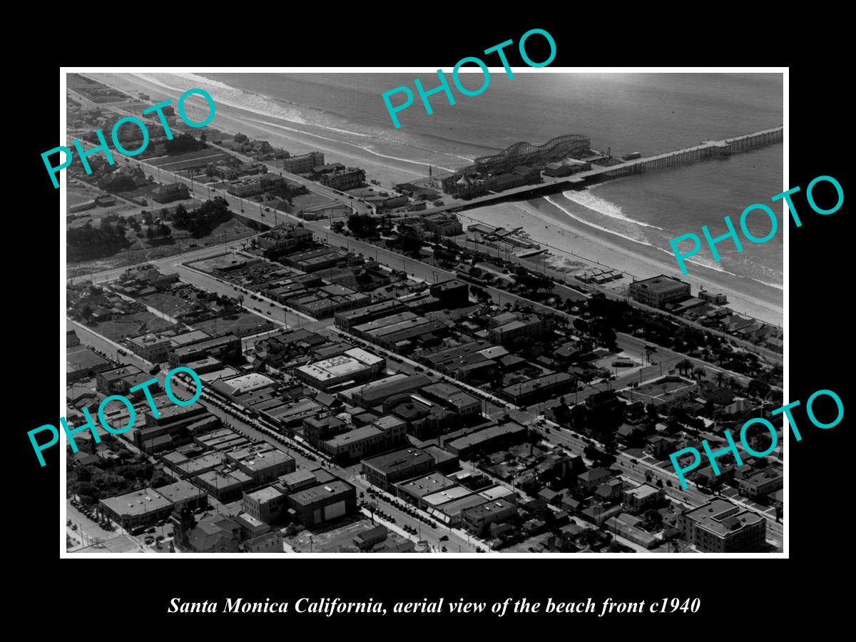 OLD LARGE HISTORIC PHOTO SANTA MONICA CALIFORNIA, AERIAL VIEW BEACH FRONT c1940