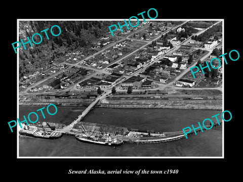 OLD LARGE HISTORIC PHOTO SEWARD ALASKA, AERIAL VIEW OF THE TOWN c1940