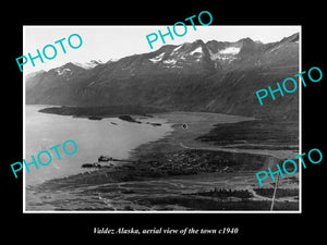 OLD LARGE HISTORIC PHOTO VALDEZ ALASKA, AERIAL VIEW OF THE TOWN c1940