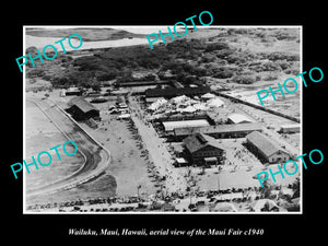 OLD LARGE HISTORIC PHOTO WAILUKU MAUI HAWAII, AERIAL VIEW OF THE FAIR c1940