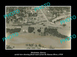 OLD LARGE HISTORIC PHOTO OF MANHATTAN KANSAS, THE KANSAS RIVER FLOODING c1930