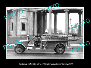 OLD LARGE HISTORIC PHOTO OF GARLAND COLORADO, THE TOWN FIRE TRUCK c1920