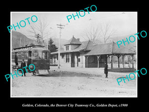 OLD LARGE HISTORIC PHOTO OF GOLDEN COLORADO, THE DENVER CITY TRAM DEPOT c1900