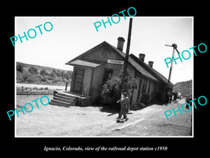 OLD LARGE HISTORIC PHOTO OF IGNACIO COLORADO, THE RAILROAD DEPOT STATION c1950