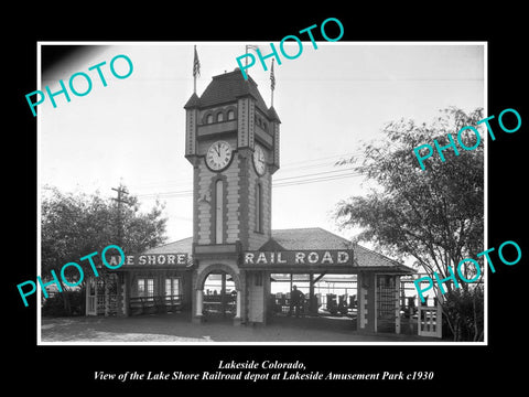 OLD HISTORIC PHOTO OF LAKESIDE COLORADO, AMUSEMENT PARK RAILROAD DEPOT c1930