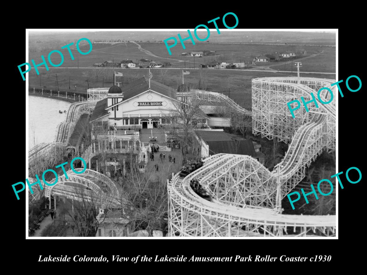 OLD LARGE HISTORIC PHOTO OF LAKESIDE COLORADO AMUSEMENT PARK ROLLER COASTER 1930