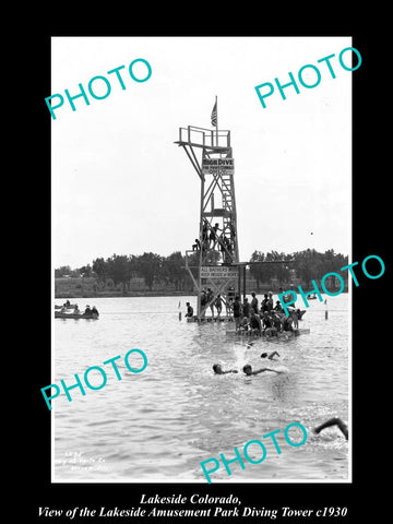 OLD LARGE HISTORIC PHOTO OF LAKESIDE COLORADO, AMUSEMENT PARK DIVING TOWER c1930