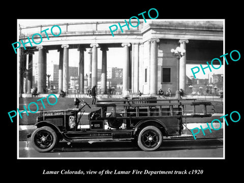 OLD LARGE HISTORIC PHOTO OF LAMAR COLORADO, THE TOWN FIRE DEPARTMENT TRUCK c1920