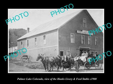 OLD LARGE HISTORIC PHOTO OF PALMER LAKE COLORADO, THE HANK LIVERY STABLES c1900