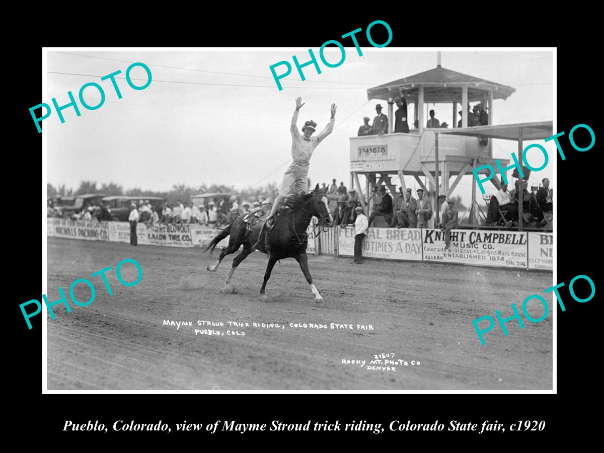 OLD LARGE HISTORIC PHOTO OF PUEBLO COLORADO, TRICK RIDING AT STATE FAIR c1920