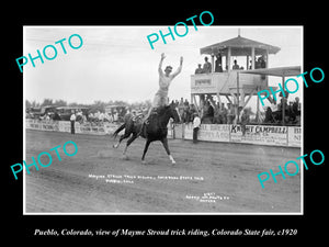 OLD LARGE HISTORIC PHOTO OF PUEBLO COLORADO, TRICK RIDING AT STATE FAIR c1920